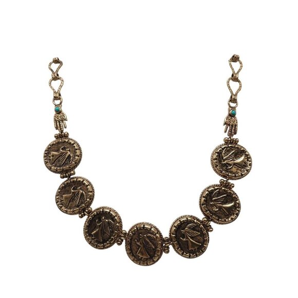 Vintage Designer Gold Tone Coin Necklace With Angel Motif Turquoise Accents - Picture 2 of 11